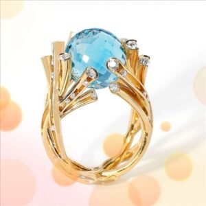 Golden Branch - Designed Ring, Blue Crystal Ball Ornament, Fashion - Trendy Jewelry