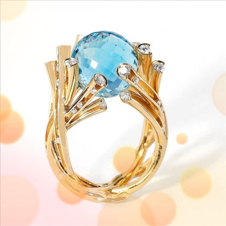 Golden Branch - Designed Ring, Blue Crystal Ball Ornament, Fashion - Trendy Jewelry