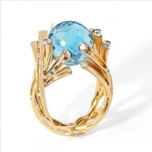 Golden Branch - Designed Ring, Blue Crystal Ball Ornament, Fashion - Trendy Jewelry