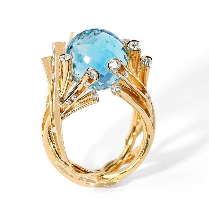 Golden Branch - Designed Ring, Blue Crystal Ball Ornament, Fashion - Trendy Jewelry