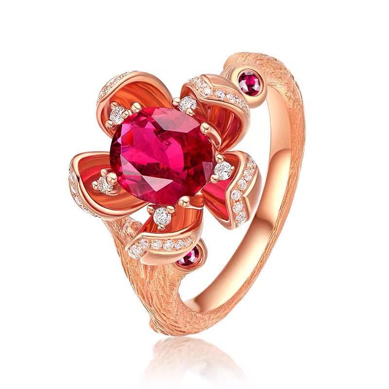 Creative Plum Blossom Design Ring, Imitation Natural Pigeon Blood Garnet Red