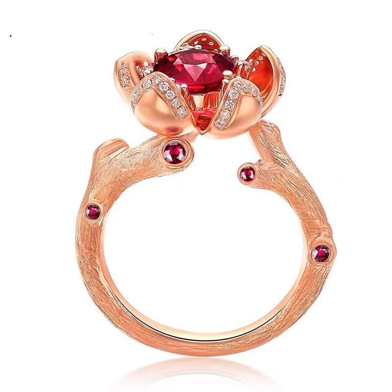 Creative Plum Blossom Design Ring, Imitation Natural Pigeon Blood Garnet Red