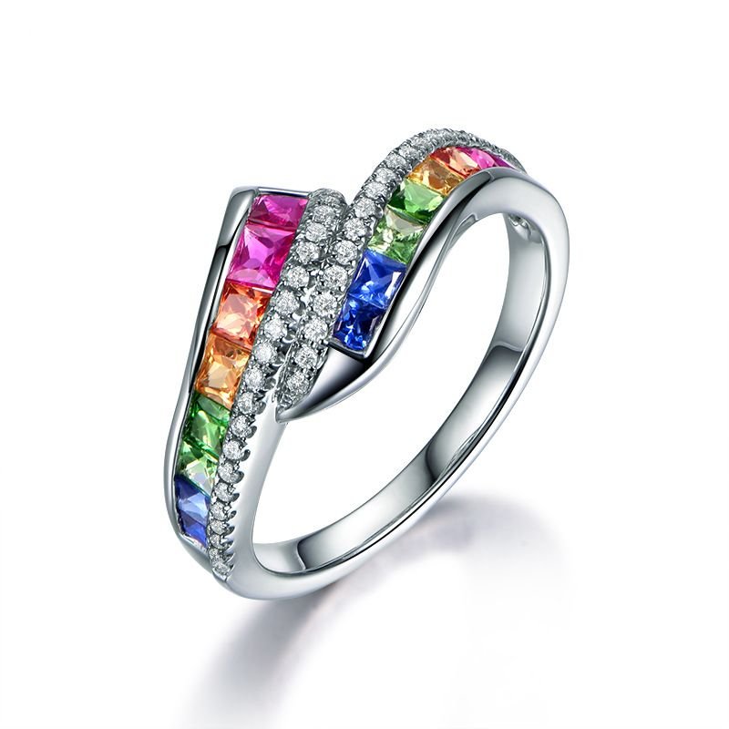 Rainbow Colored Gemstone Ring for Women, Gold-Plated, Imitation Natural Red & Blue Diamond Inlaid, Multi-Gem Stackable Eternity Band, Fashion Statement Jewelry