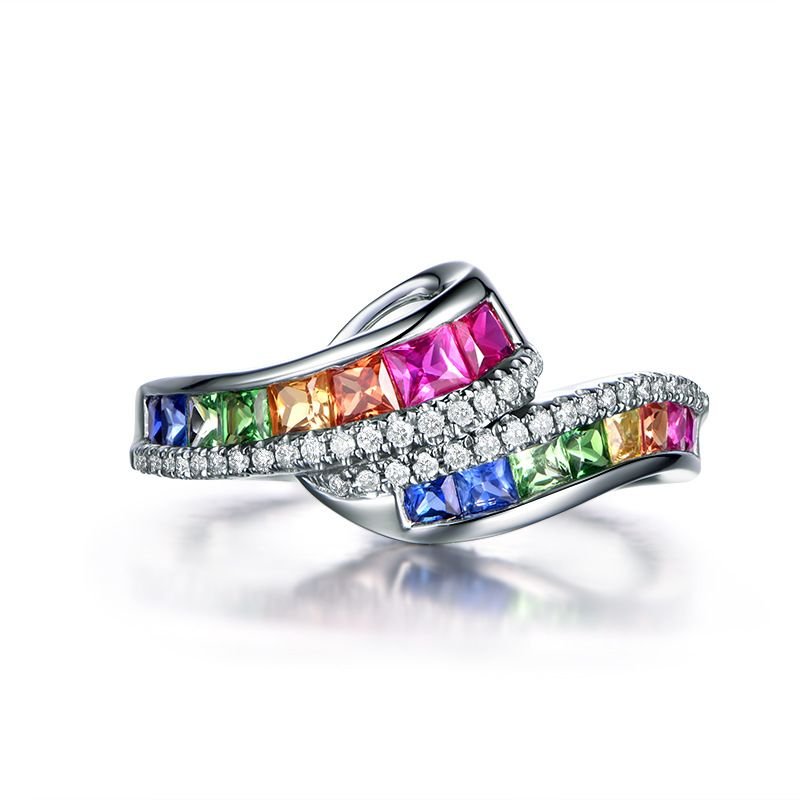 Rainbow Colored Gemstone Ring for Women, Gold-Plated, Imitation Natural Red & Blue Diamond Inlaid, Multi-Gem Stackable Eternity Band, Fashion Statement Jewelry