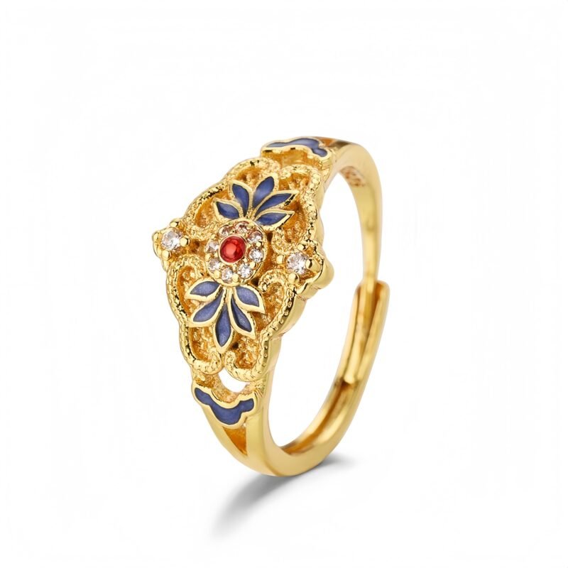 Light Luxury Vintage Chinese-Style Enamel Resin Ring with Palace Elegance