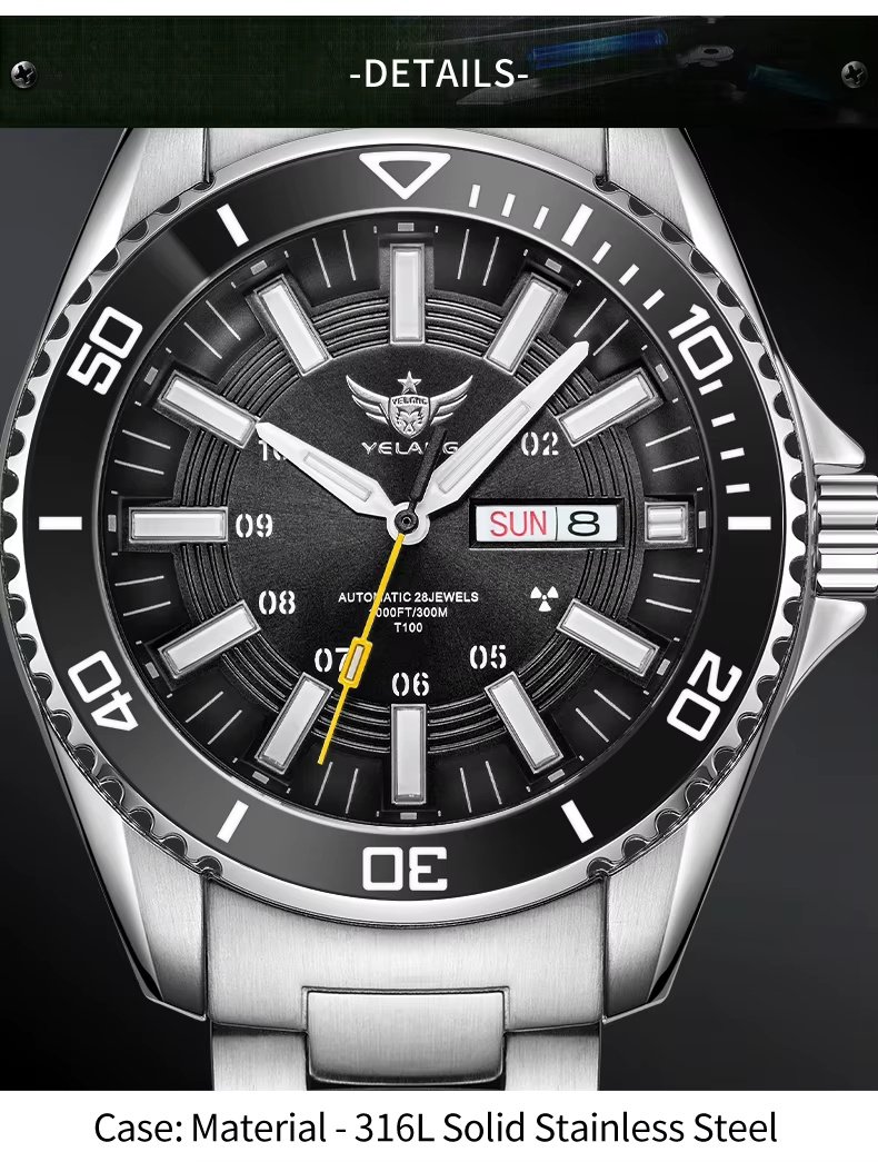 Yelang V1032 44mm Waterproof 300m Diver Watch Swiss Luminous Fully Automatic Mechanical Men Watch Sapphire Stainless