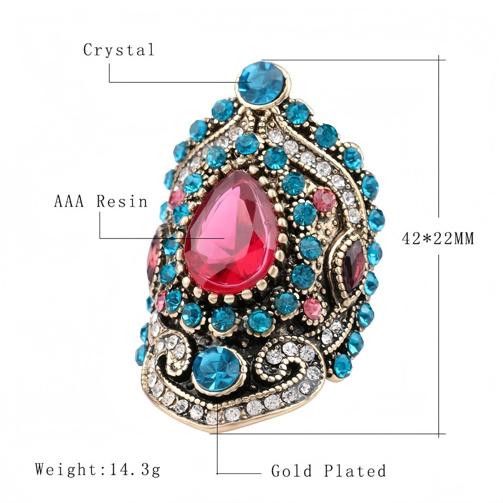 Premium Light Luxury Gold-Plated Vintage Euro-American Colorful Zircon Index Finger Ring for Women