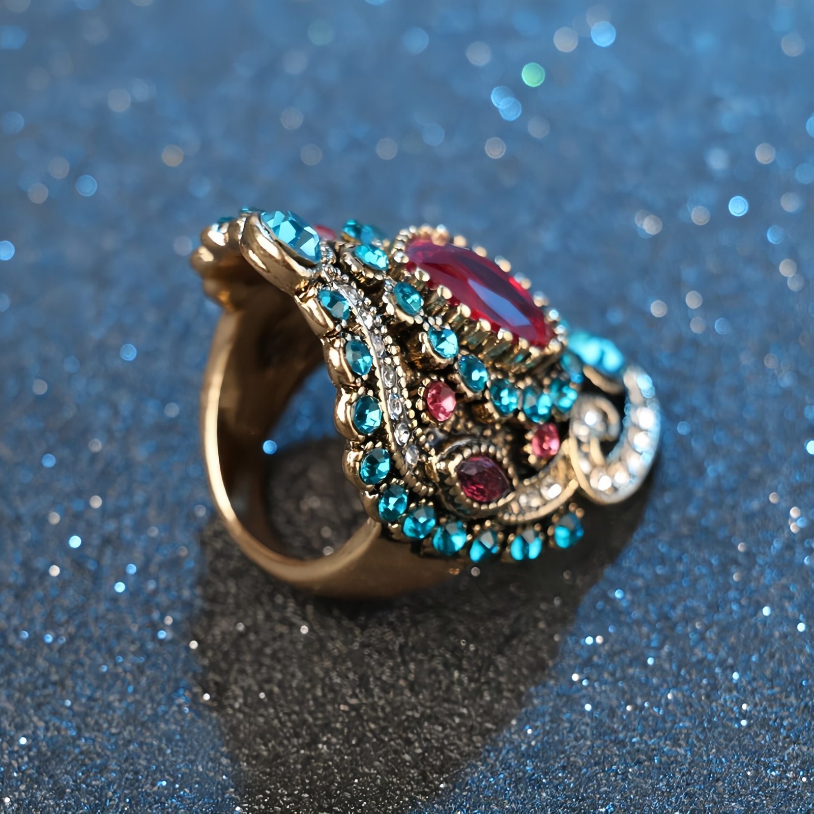 Premium Light Luxury Gold-Plated Vintage Euro-American Colorful Zircon Index Finger Ring for Women