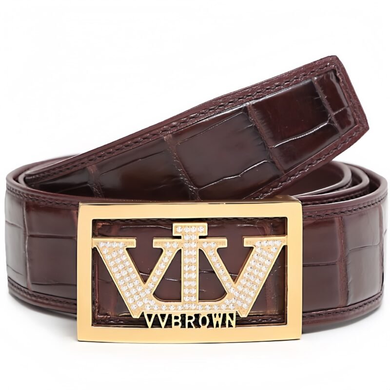 V.V.Brown Men's Belt - Siamese Crocodile Leather & Nappa Top-Layer Cowhide, Stainless Steel Smooth Buckle (Silver & Gold )