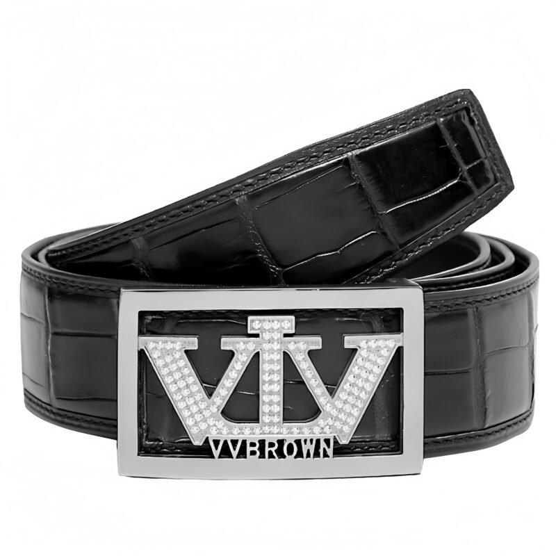 V.V.Brown Men's Belt - Siamese Crocodile Leather & Nappa Top-Layer Cowhide, Stainless Steel Smooth Buckle (Silver & Gold )