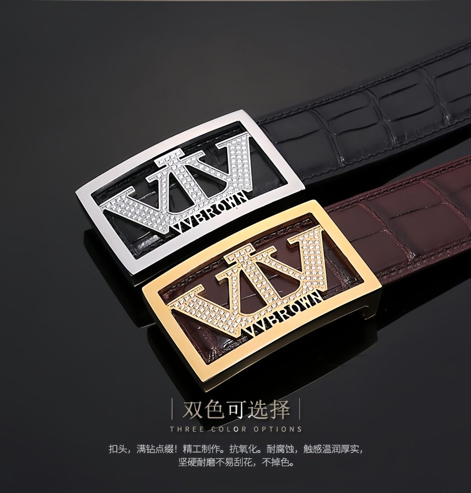 V.V.Brown Men's Belt - Siamese Crocodile Leather & Nappa Top-Layer Cowhide, Stainless Steel Smooth Buckle (Silver & Gold )