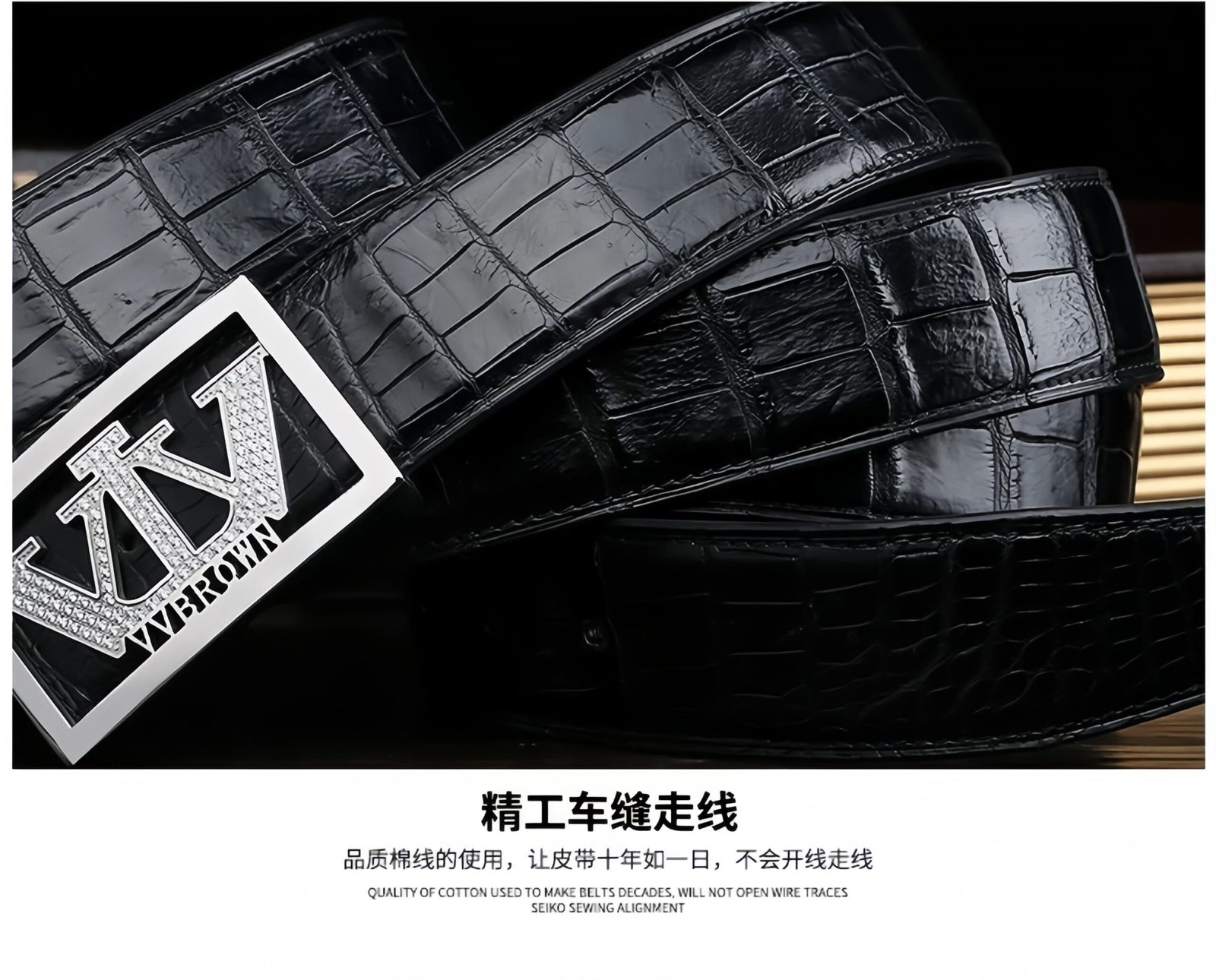 V.V.Brown Men's Belt - Siamese Crocodile Leather & Nappa Top-Layer Cowhide, Stainless Steel Smooth Buckle (Silver & Gold )