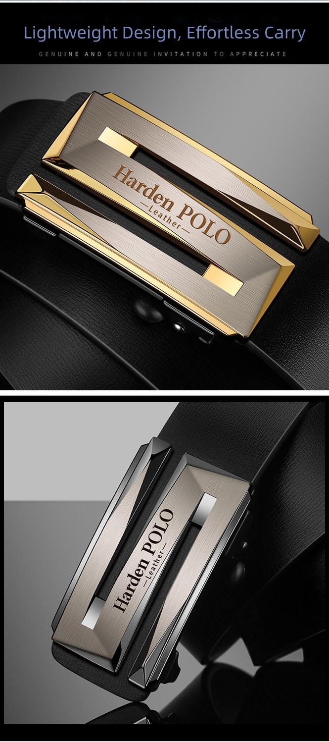 Harden POLO Genuine Leather Men's Belt – Automatic Toothless Buckle, Stylish 3D Cutout Design, Versatile for All Occasions