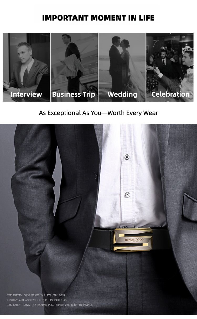 Harden POLO Genuine Leather Men's Belt – Automatic Toothless Buckle, Stylish 3D Cutout Design, Versatile for All Occasions