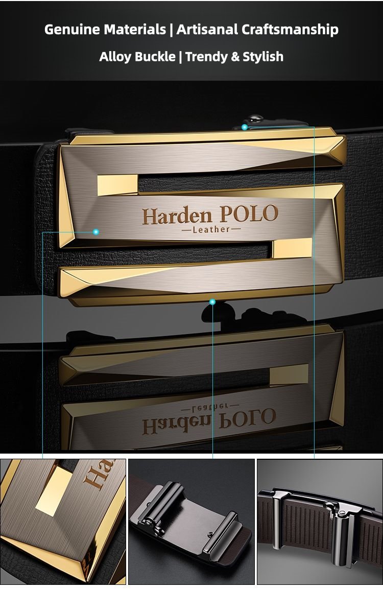 Harden POLO Genuine Leather Men's Belt – Automatic Toothless Buckle, Stylish 3D Cutout Design, Versatile for All Occasions