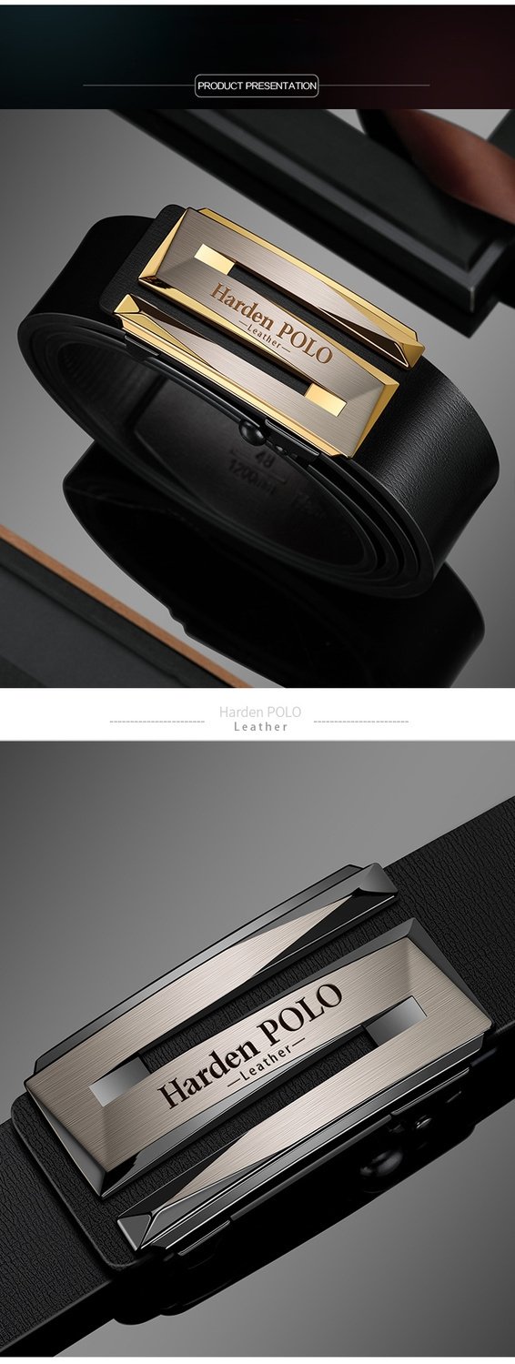 Harden POLO Genuine Leather Men's Belt – Automatic Toothless Buckle, Stylish 3D Cutout Design, Versatile for All Occasions