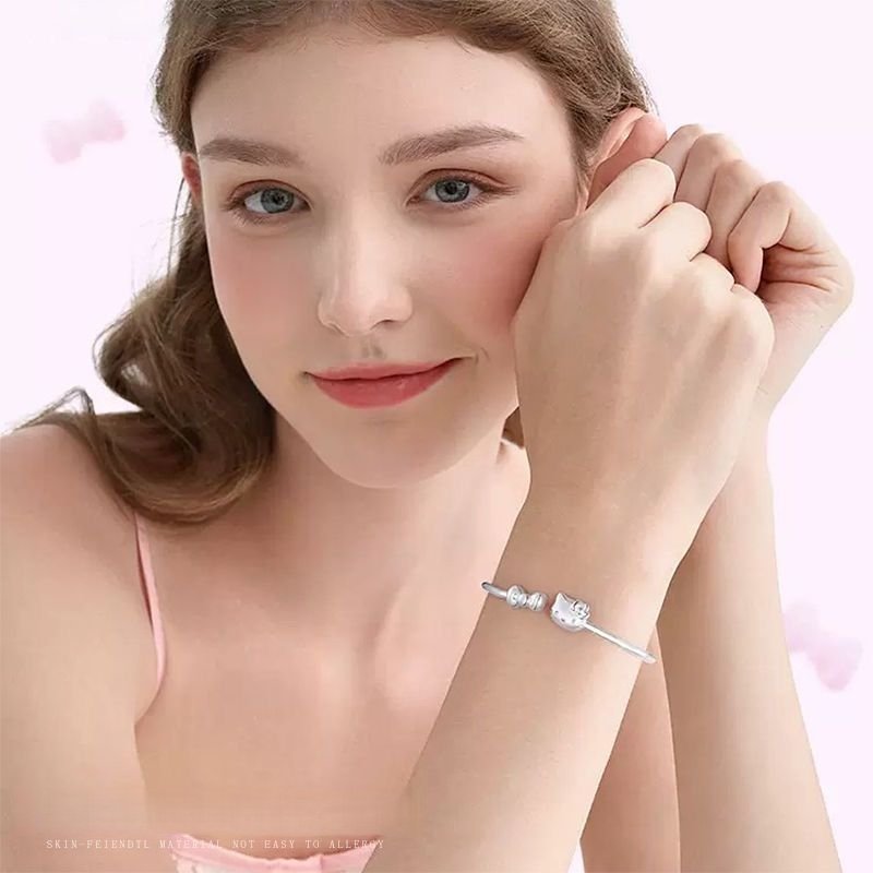 Adorable Hello Kitty S925 Silver Bangle – Adjustable Bracelet for Women