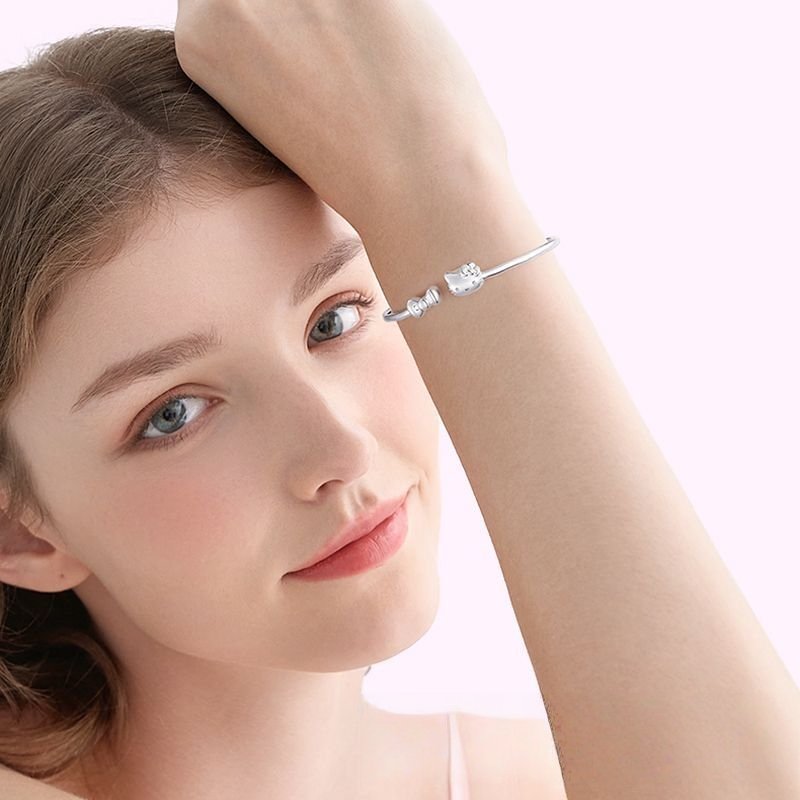 Adorable Hello Kitty S925 Silver Bangle – Adjustable Bracelet for Women