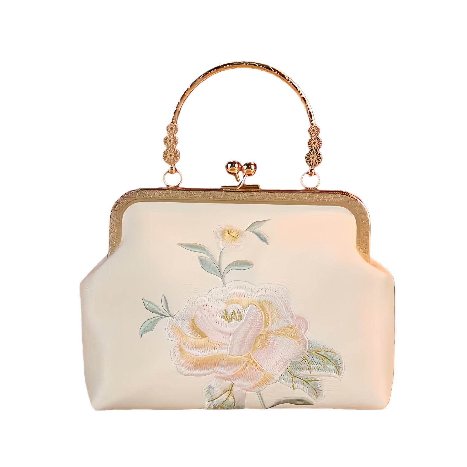 Vintage Kiss-Lock Floral Embroidered Beaded Fabric Handbag