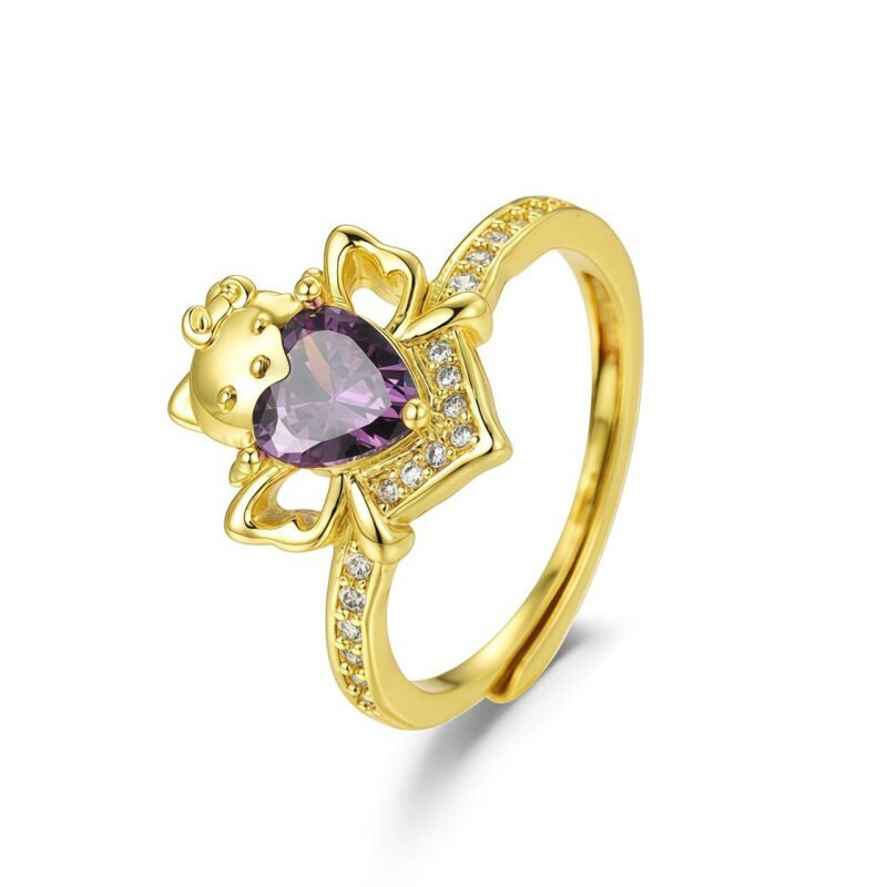 Hello Kitty Heart-Shaped Synthetic Amethyst Alloy Ring with CZ Diamonds - Adorable Women's Fashion Jewelry