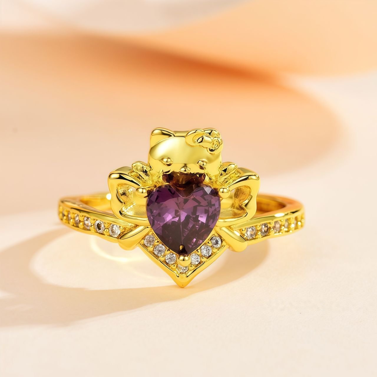 Hello Kitty Heart-Shaped Synthetic Amethyst Alloy Ring with CZ Diamonds - Adorable Women's Fashion Jewelry