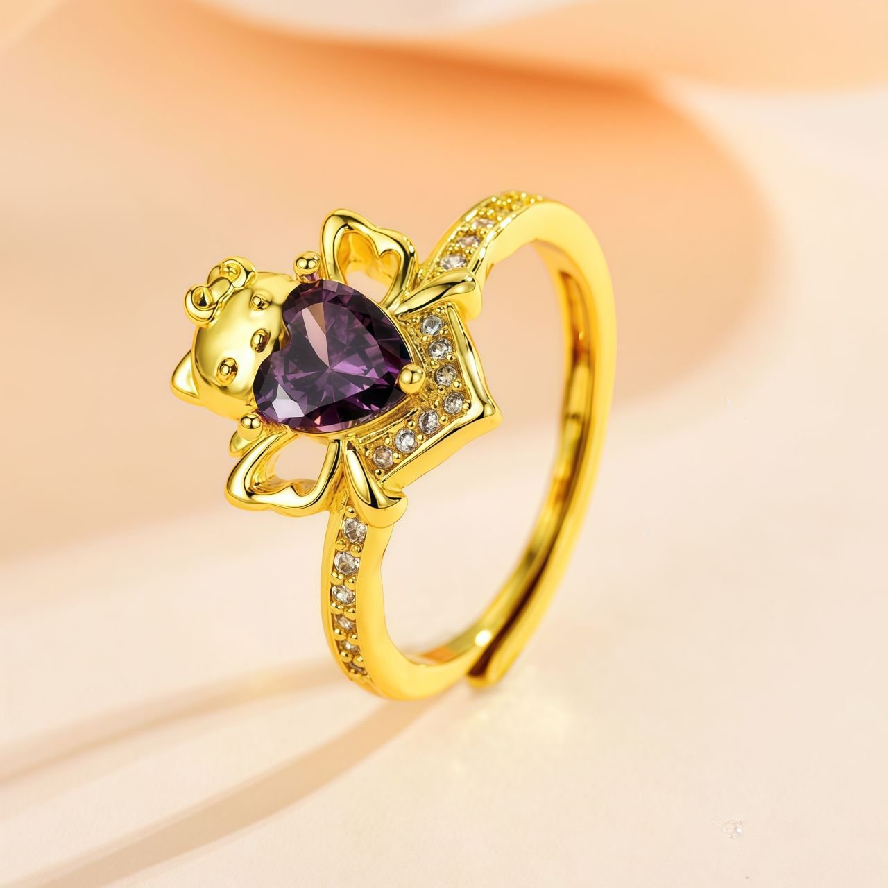 Hello Kitty Heart-Shaped Synthetic Amethyst Alloy Ring with CZ Diamonds - Adorable Women's Fashion Jewelry