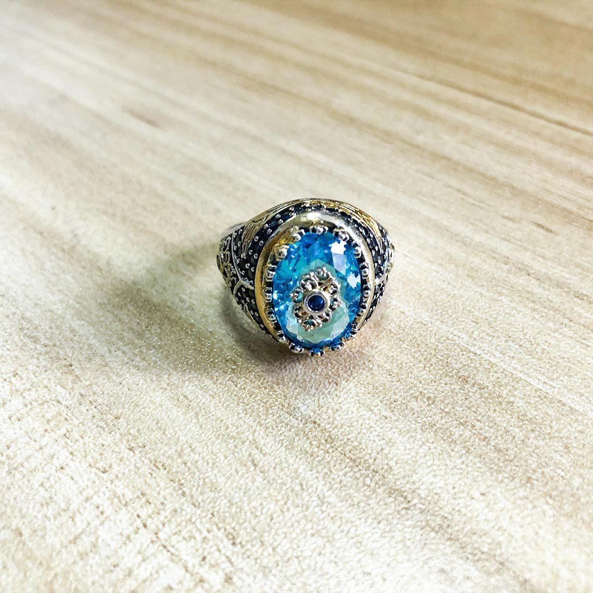 Vintage Ottoman-Inspired Statement Ring | Silver-Tone Gold-Plated Alloy with Blue Oval Gemstone & Ornate Filigree Detailing