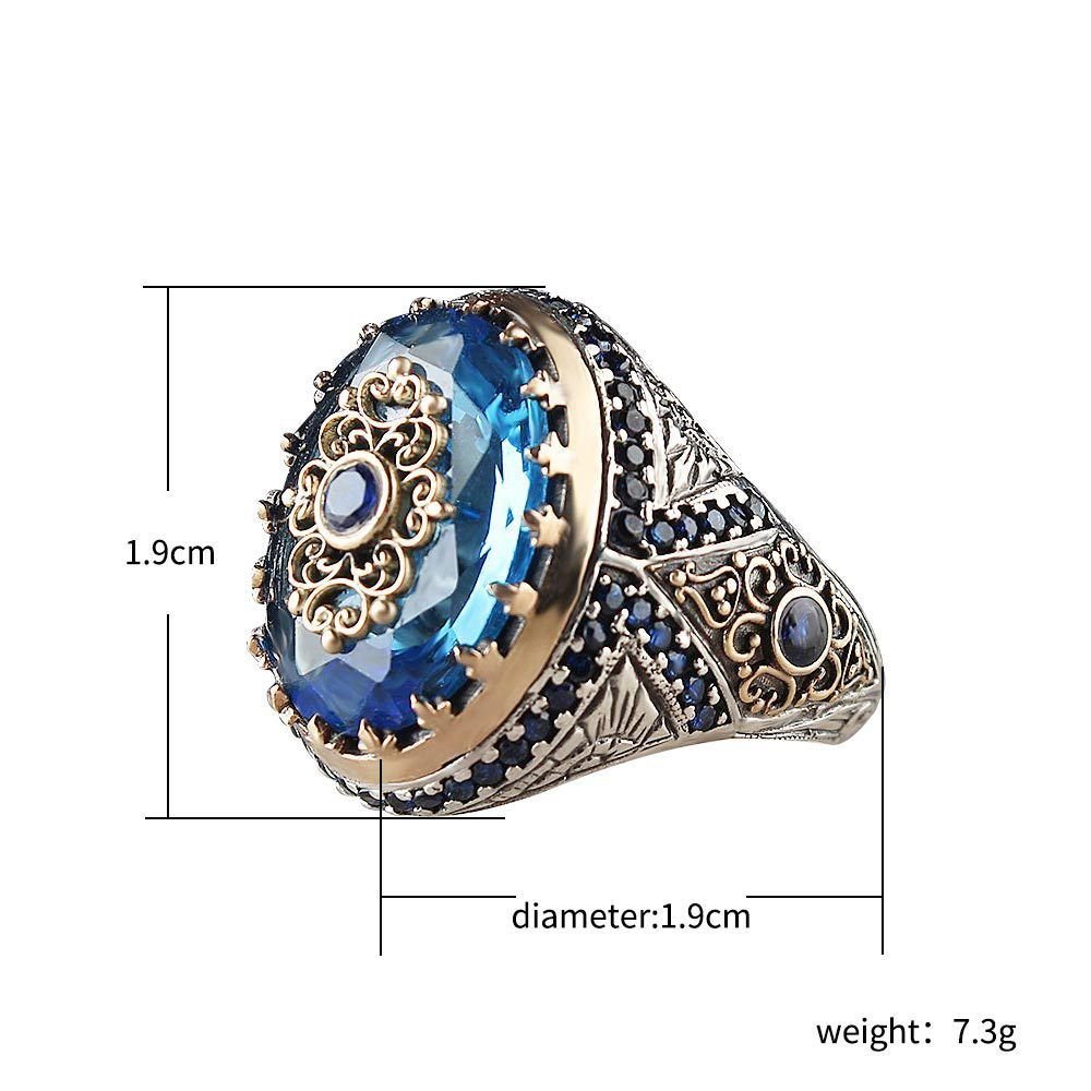 Vintage Ottoman-Inspired Statement Ring | Silver-Tone Gold-Plated Alloy with Blue Oval Gemstone & Ornate Filigree Detailing