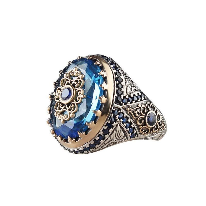 Vintage Ottoman-Inspired Statement Ring | Silver-Tone Gold-Plated Alloy with Blue Oval Gemstone & Ornate Filigree Detailing